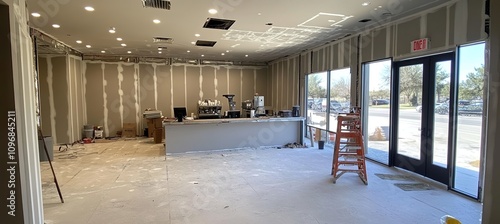 The interior of the coffee shop is being outfitted with new walls and floors.
