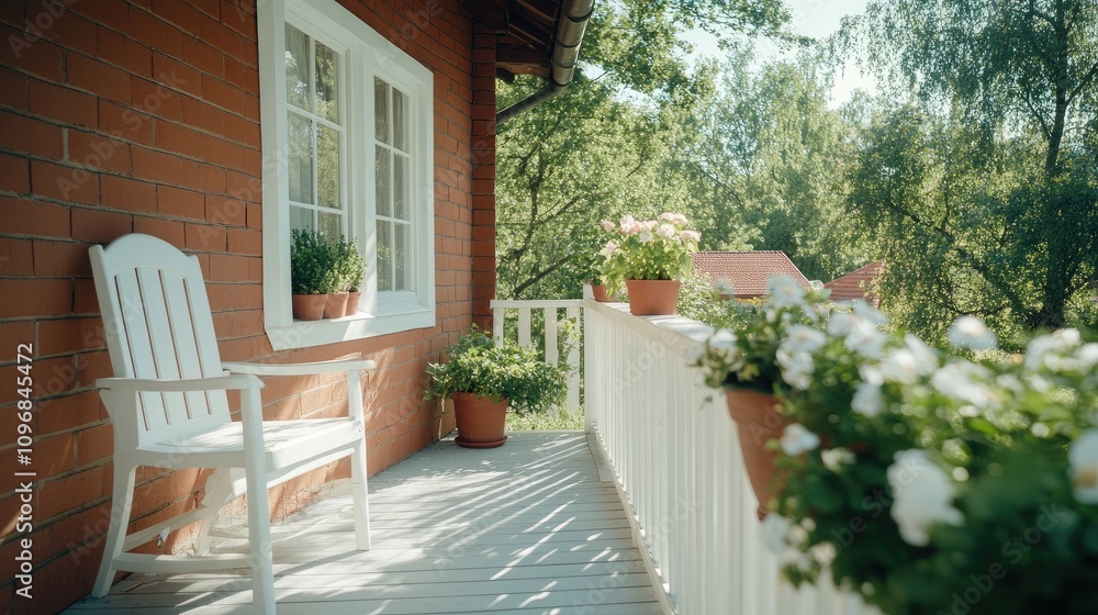 Fototapeta premium Relaxing balcony oasis surrounded by greenery and sunlight for peaceful moments