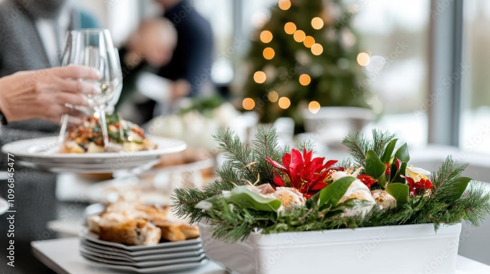 An elegant buffet setup featuring delicately arranged dishes, complemented by floral and pine accents, creating a refined and exquisite dining experience. An elegant buffet setup featuring delicately arranged dishes, complemented by floral and pine accents, creating a refined and exquisite dining experience.