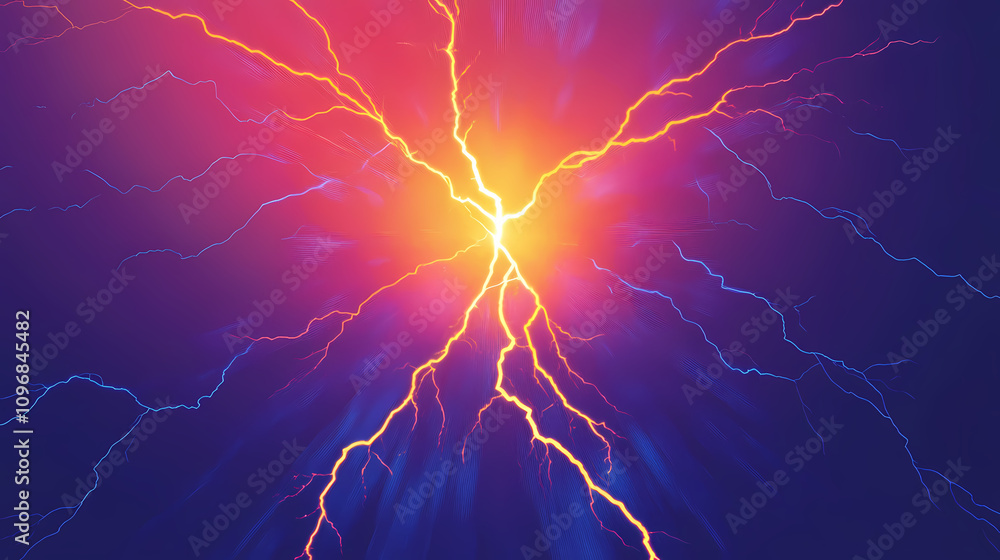 Blue and orange background with lightning bolt in middle. Dynamic Lightning Burst. Illustration