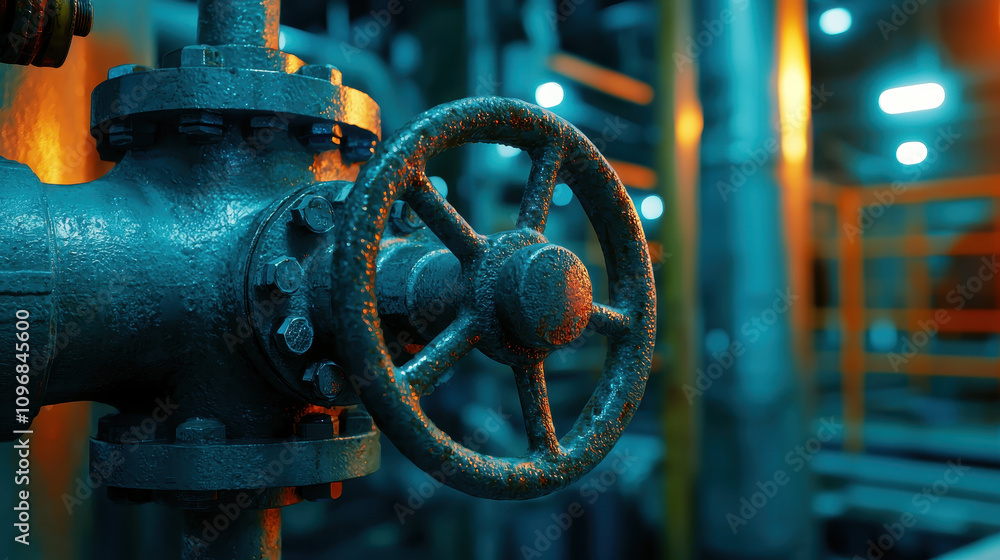 Close up of refinery valve, showcasing intricate details and textures. industrial setting highlights valve role in fuel processing, illuminated by ambient lighting Close up of refinery valve, showcasing intricate details and textures. industrial setting highlights valve role in fuel processing, illuminated by ambient lighting