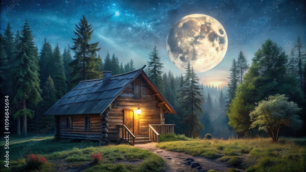 A cozy wooden cabin nestled amidst towering trees under a full moon and a starry sky A cozy wooden cabin nestled amidst towering trees under a full moon and a starry sky