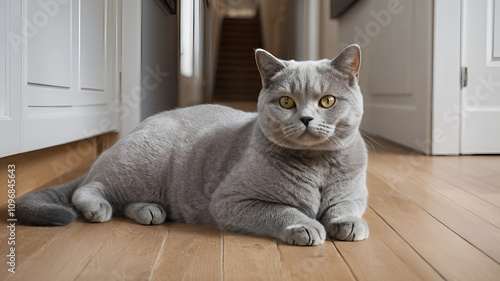 A cute gray cat relaxes on a cushion on the floor, its soft fur resting peacefully. The cozy home setting adds warmth, capturing the cat's calm and content expression photo