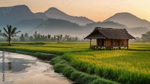 natural view, a resting hut, which stands in the middle of a wide expanse of rice fields