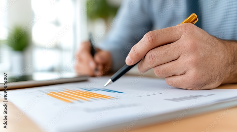 A person is examining financial charts and graphs on a wooden desk, holding a pen, indicating focus on data analysis and decision-making. A person is examining financial charts and graphs on a wooden desk, holding a pen, indicating focus on data analysis and decision-making.