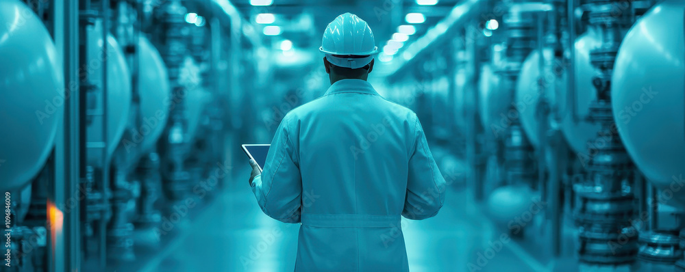 technician in white lab coat and hard hat uses digital tablet to monitor fuel processing in high tech facility. environment is illuminated with cool blue light, enhancing modern industrial