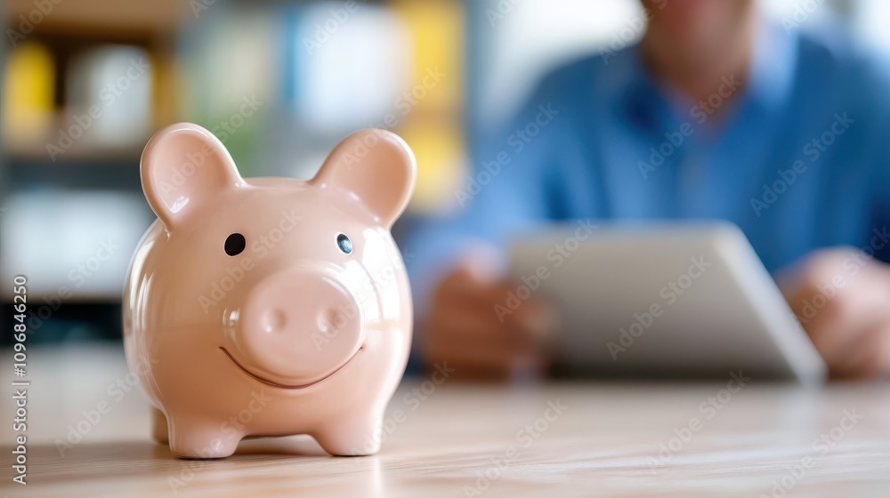 A pink piggy bank, symbolizing savings and financial planning, is placed prominently beside an anonymous individual holding a tablet, ready for monetary monitoring. A pink piggy bank, symbolizing savings and financial planning, is placed prominently beside an anonymous individual holding a tablet, ready for monetary monitoring.