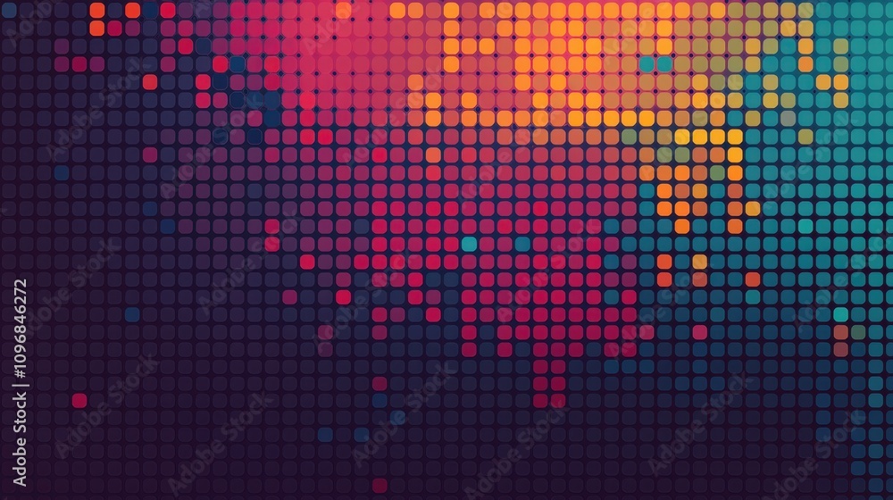 A vibrant, abstract design featuring a grid of colorful pixels in shades of purple, orange, and teal, creating a visually dynamic pattern. A vibrant, abstract design featuring a grid of colorful pixels in shades of purple, orange, and teal, creating a visually dynamic pattern.