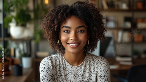 Portrait of a smiling young Black woman with curly hair in a home office setting.