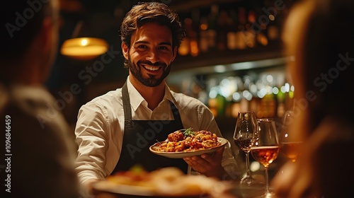 Smiling Waiter Serving Delicious Food in a Cozy Restaurant