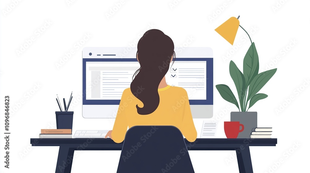 Woman Working Remotely at Home Office Desk Woman Working Remotely at Home Office Desk
