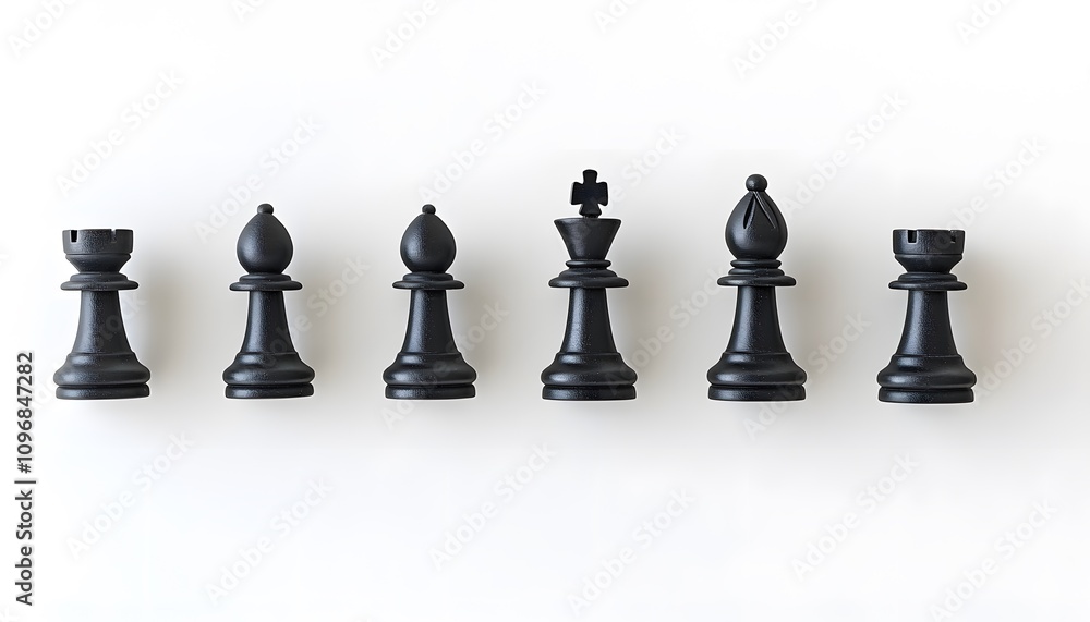 A row of black chess pieces on a white background, viewed from above. The composition is symmetrical and balanced, with the king piece in the front. A row of black chess pieces on a white background, viewed from above. The composition is symmetrical and balanced, with the king piece in the front.