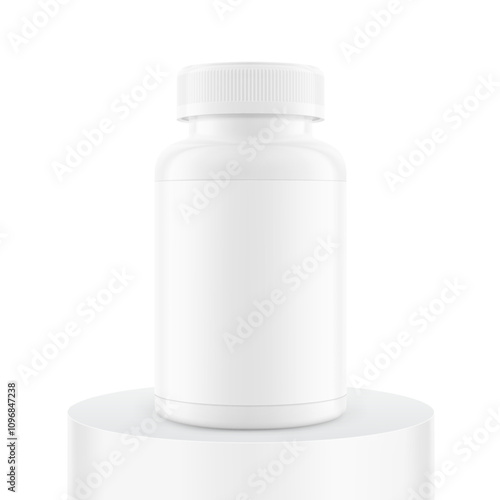 Plastic packer pill bottle mockup on pedestal with child resistant cap and label for treats, vitamins, supplements isolated on white background. Vector illustration. Ready for your design. EPS10.