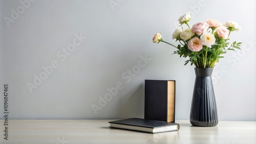 A Minimalist Still Life with a Bouquet of Delicate Pink and White Flowers in a Black Vase, Two Books on a Light Wood Tabletop, Against a Plain Grey Wall