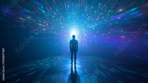 Man walking towards bright light in abstract digital space