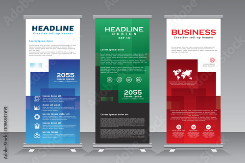 Roll up banner desing in blue, green and red print ready colours, vetical banner template, roll up bannner for project, event, presentation, conferance, meeting,