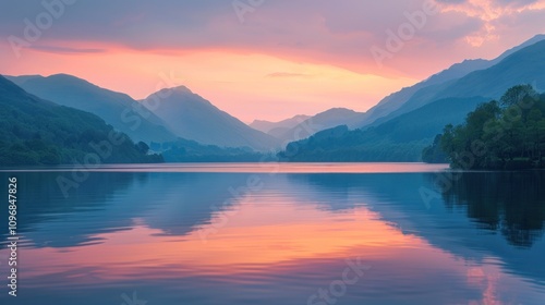 Serene sunset over calm lake reflecting mountains.