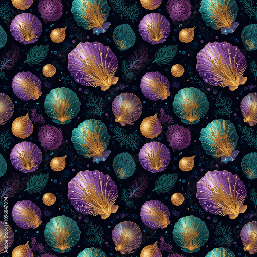 Elegant seamless ocean background pattern featuring colorful seashells and marine plants in dark waters