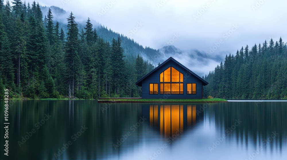 Fototapeta premium A serene lakeside cabin surrounded by misty forests, reflecting warm light on the water's surface, creating a peaceful and inviting atmosphere.