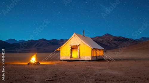 A cozy glamping tent stands illuminated against a starry night, accompanied by a warm campfire, set in a serene desert landscape.