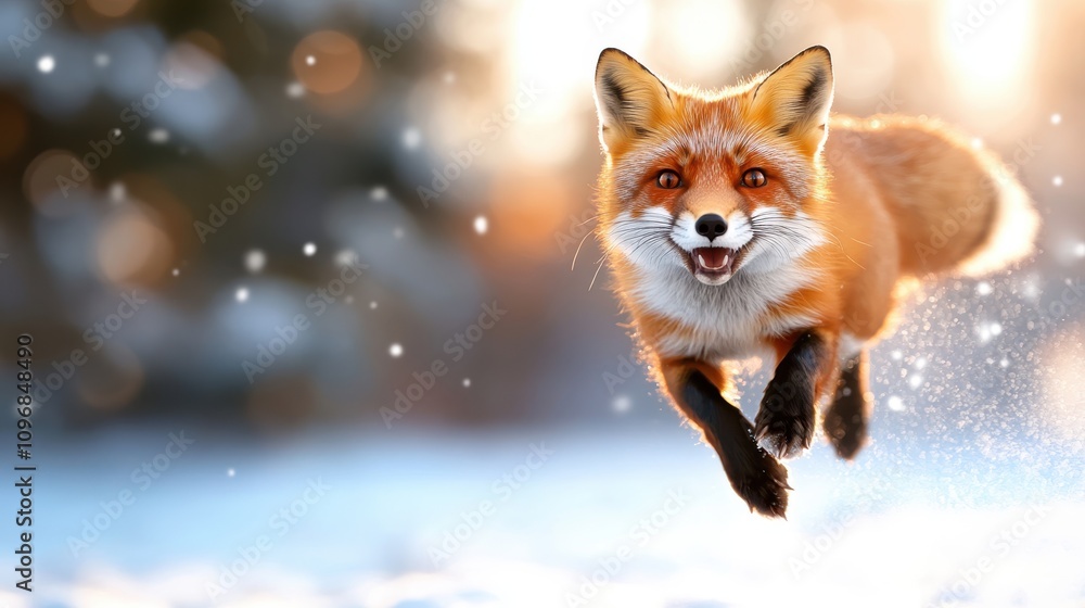 Obraz premium In a snowy wonderland, a red fox joyfully leaps through the air, showcasing its agility and grace against a backdrop of soft-focus bokeh and winter charm.