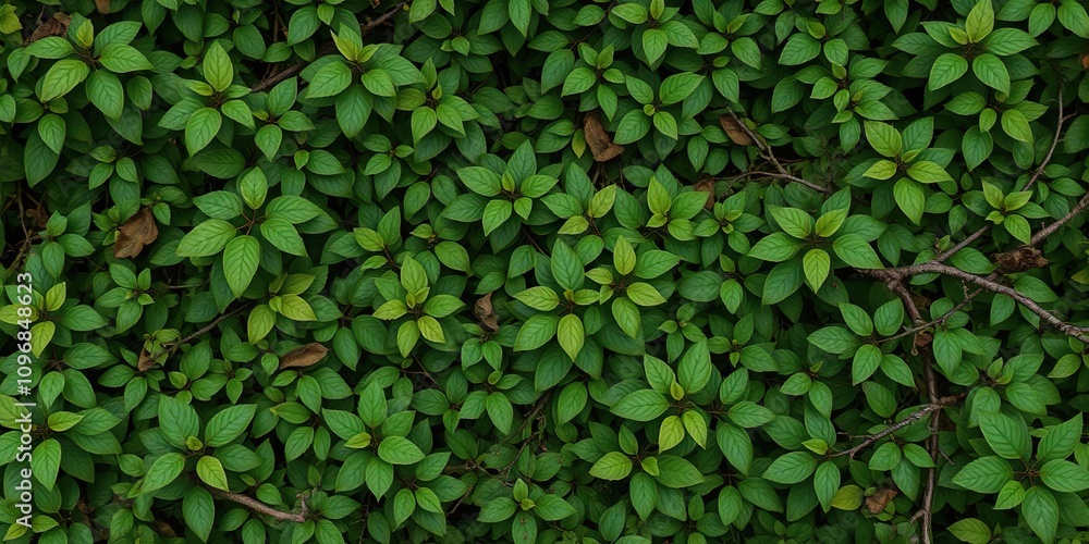 Fototapeta premium Dense foliage with various types of leaves and branches, leaf patterns, natural surfaces