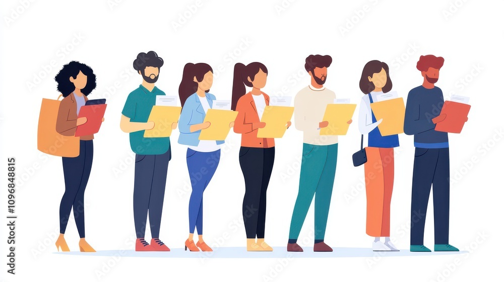 Group of People Holding Documents Queueing Together Group of People Holding Documents Queueing Together