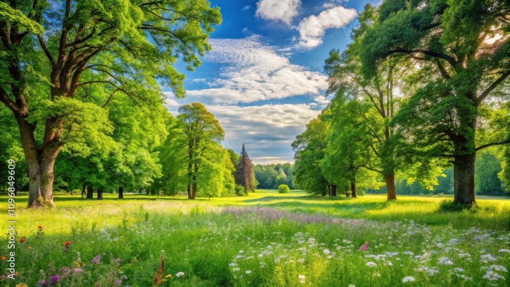 Obraz premium A vibrant green meadow bathed in sunlight, a picturesque scene of lush foliage and wildflowers, showcasing the beauty of nature's artistry.