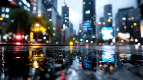 A wet urban street showcases vibrant reflections of city lights, capturing the essence of a bustling, rainy evening in a lively metropolis embracing modernity.