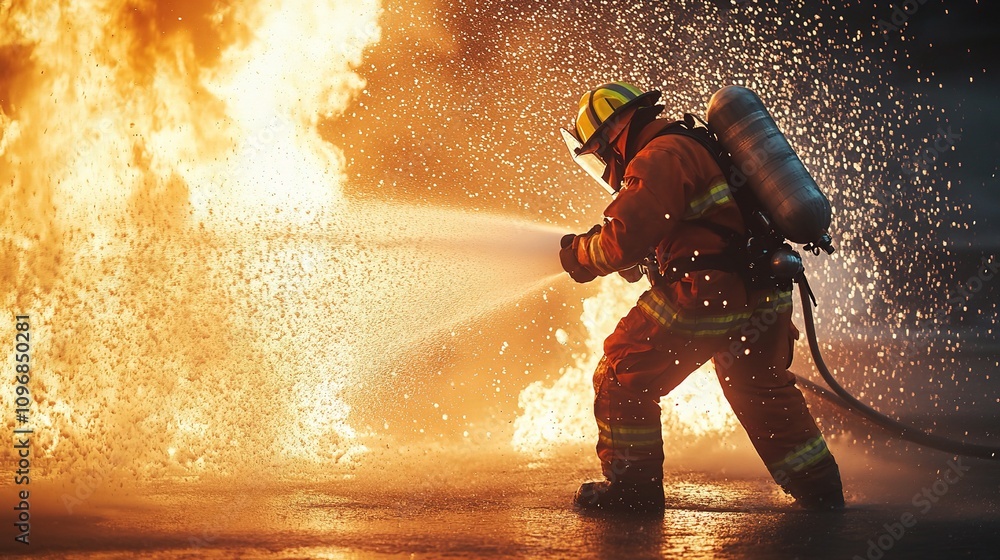 Firefighter Battling Vibrant Flames with Fire Hose in Action Firefighter Battling Vibrant Flames with Fire Hose in Action