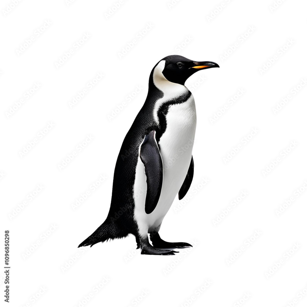 Obraz premium A realistic side-view illustration of a standing penguin with black and white plumage, perfect for wildlife education, artistic decor, or nature-themed projects.