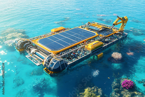 A futuristic floating platform designed to clean ocean plastic, featuring robotic arms, conveyor belts, and solar panels, promoting sustainable ocean restoration.
 photo