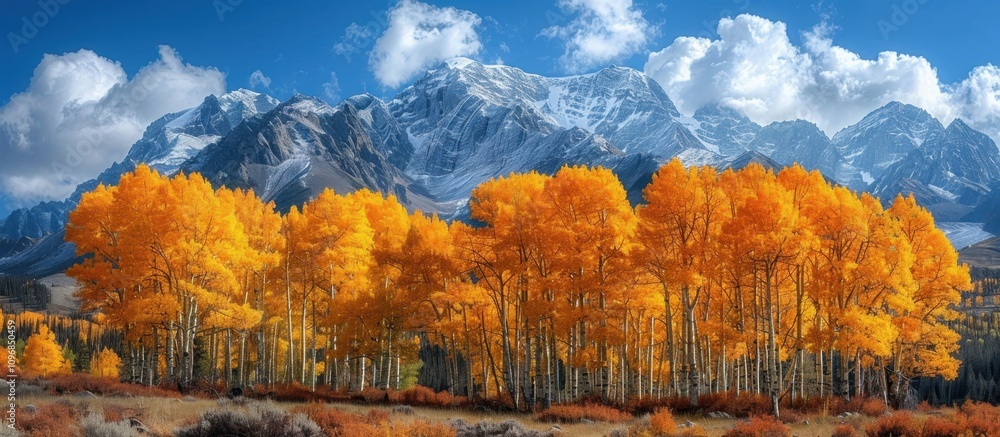Fototapeta premium Golden Aspens Against Snowy Mountains