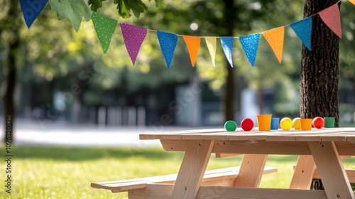 A park scene with colorful bunting and a picnic table set with vibrant cups, perfect for a playful and engaging outdoor gathering or event with friends. photo