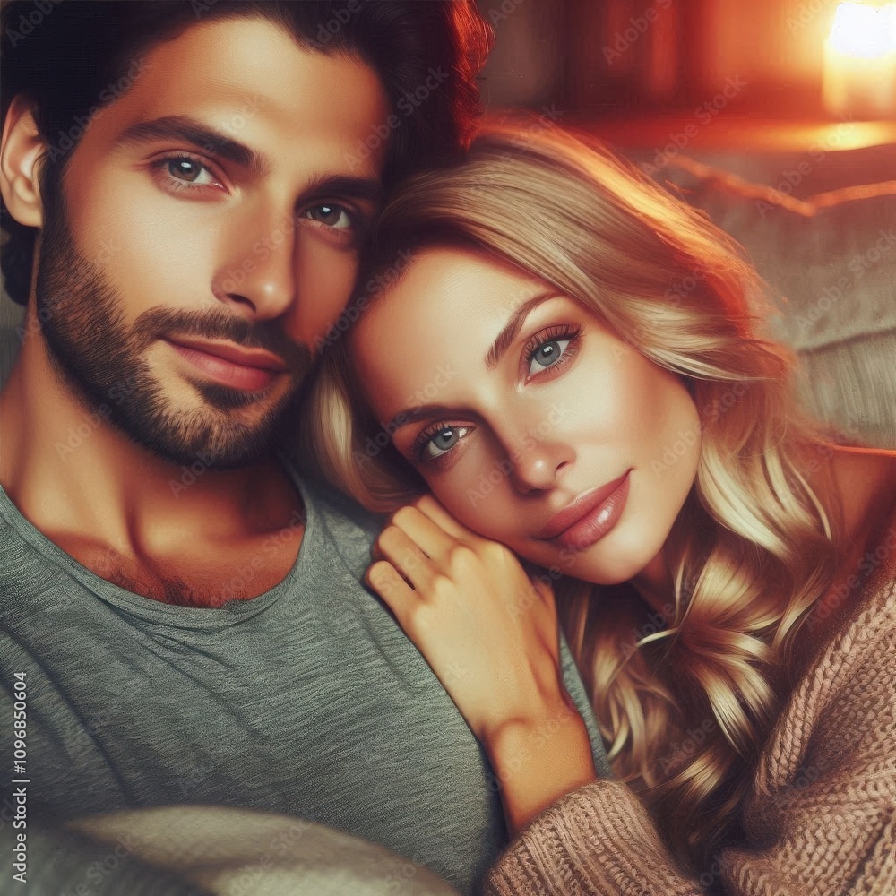 Couple enjoying a cozy evening together by the warm glow of the fireplace in an inviting living room Couple enjoying a cozy evening together by the warm glow of the fireplace in an inviting living room