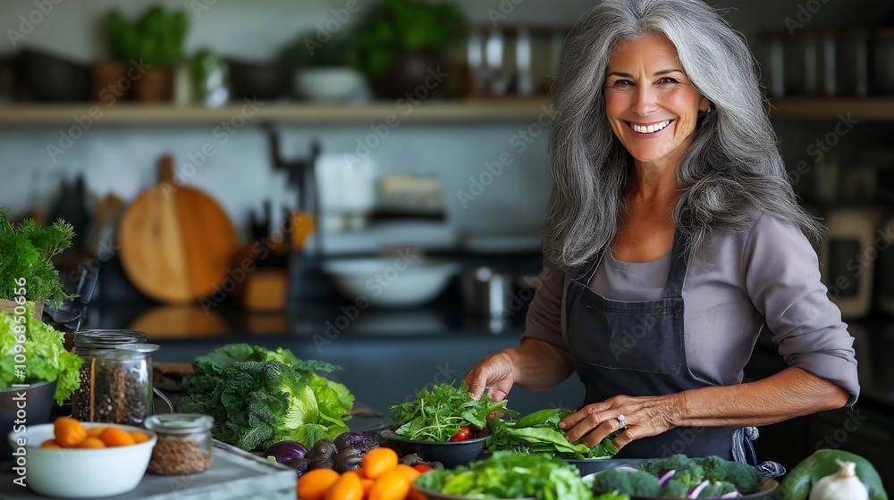 middle aged woman smiling in the kitchen. She is preparing some nice food, she is cooking with a lot of healthy vegetables middle aged woman smiling in the kitchen. She is preparing some nice food, she is cooking with a lot of healthy vegetables