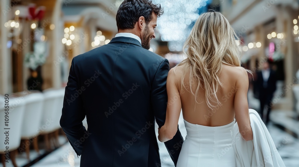 The image captures a couple walking hand in hand through a luxurious, ornate environment, illustrating a moment of romantic connection and shared experience. The image captures a couple walking hand in hand through a luxurious, ornate environment, illustrating a moment of romantic connection and shared experience.