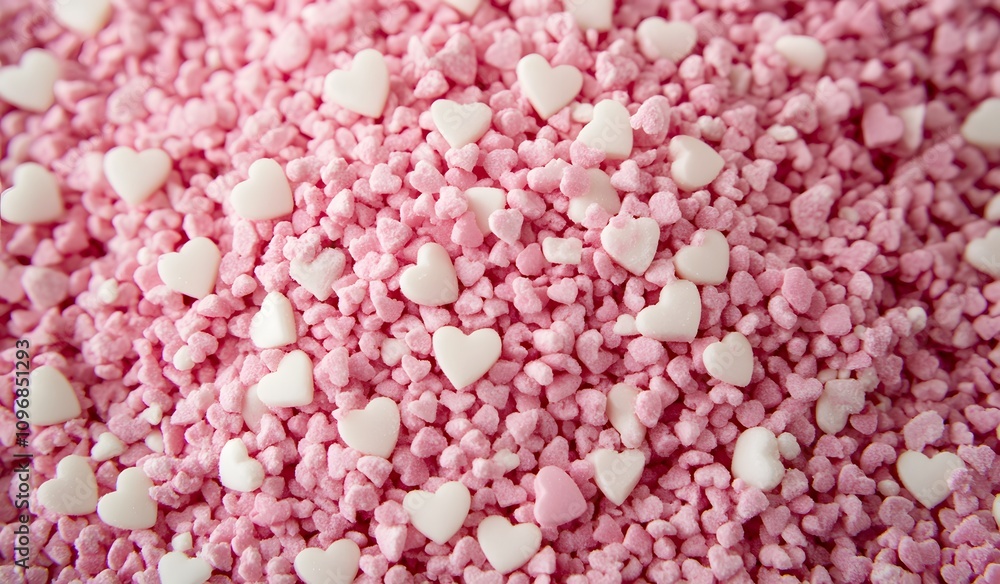 Obraz premium Close-up of pink and white heart-shaped sprinkles for a Valentine's Day cake decoration, 
