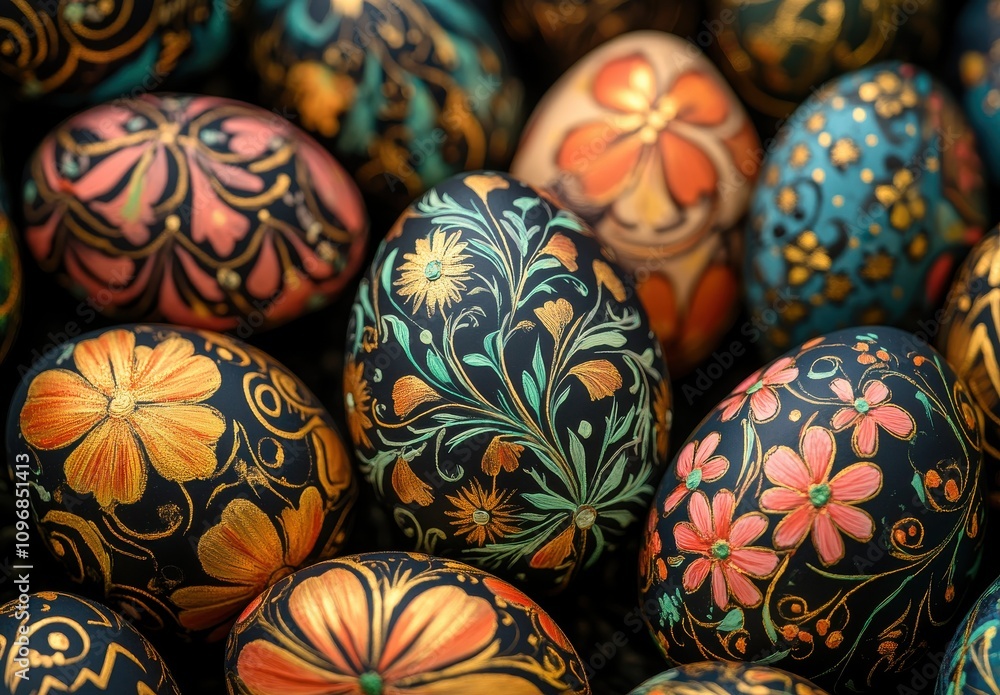 Beautifully Hand-Painted Easter Eggs with Vivid Floral Designs and Intricate Patterns on Dark Background for Spring Decor and Celebration Themes Beautifully Hand-Painted Easter Eggs with Vivid Floral Designs and Intricate Patterns on Dark Background for Spring Decor and Celebration Themes