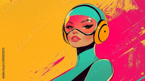 Nostalgic retro-futuristic 70's sci-fi female pin-up comics character with vibrant and pop colors and colorful background with copy space. photo