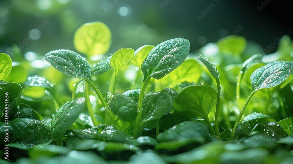 Vibrant Green Spinach Leaves with Dew Drops, Close-Up Shot, Fresh and Healthy Produce, Organic Farming, Nature's Bounty Vibrant Green Spinach Leaves with Dew Drops, Close-Up Shot, Fresh and Healthy Produce, Organic Farming, Nature's Bounty