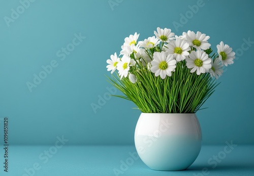 Wallpaper Mural Bright and Cheerful White Daisy Flowers in a Modern White Pot Against a Turquoise Background Perfect for Home Decor and Spring Themes Torontodigital.ca