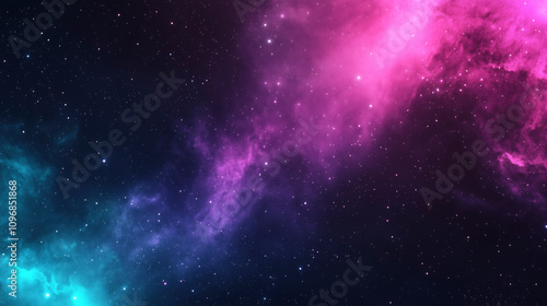 Digital dark space background with galaxies, stars and cold neon colors.