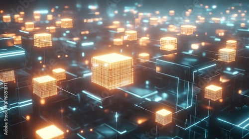 A futuristic digital blockchain network visualized as interconnected glowing cubes floating in a vast, high-tech space. 