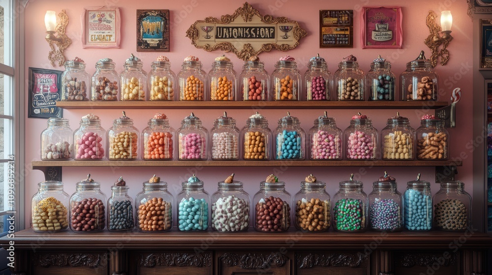 Naklejka premium A colorful display of candy jars in a charming shop setting.
