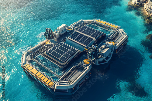 A futuristic floating platform designed to clean ocean plastic, featuring robotic arms, conveyor belts, and solar panels, promoting sustainable ocean restoration.
 photo