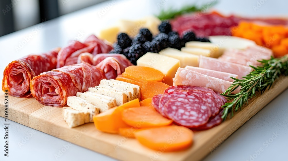 A rustic charcuterie board filled with various meats, cheeses, and fruits, beautifully arranged with rosemary, offering an array of flavors and textures. A rustic charcuterie board filled with various meats, cheeses, and fruits, beautifully arranged with rosemary, offering an array of flavors and textures.