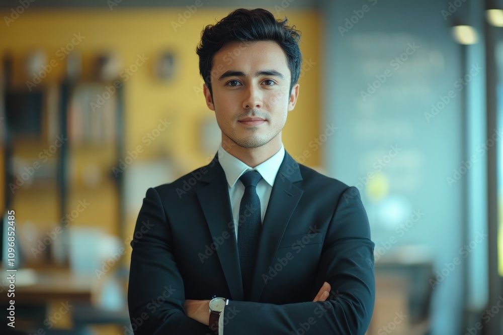 A confident businessman in a suit poses in a modern office setting. A confident businessman in a suit poses in a modern office setting.