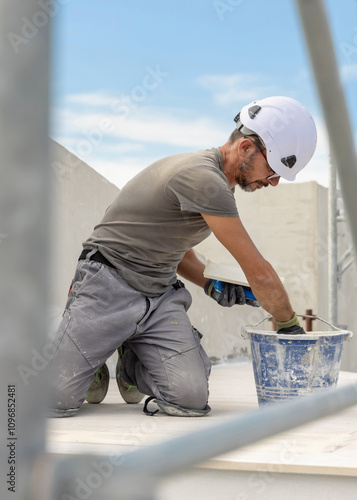 Craftsman in grey work clothes puts grout with a float sitting on his knees during construction