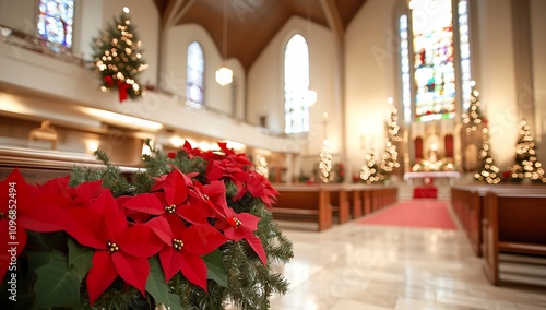 Wallpaper Mural Close up of red poinsettia flowers and candles on pew in church with Christmas decorations in the background Torontodigital.ca